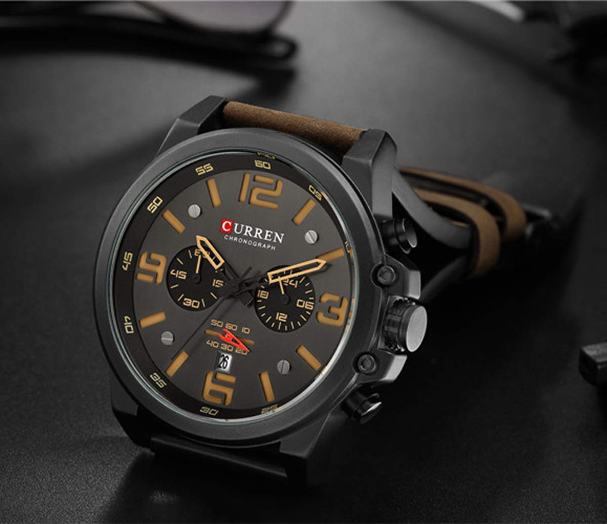 Gosasa Men Sport Chronograph Quartz Watch Brown Leather Strap Date 30M Waterproof Military Male Wrist Watch