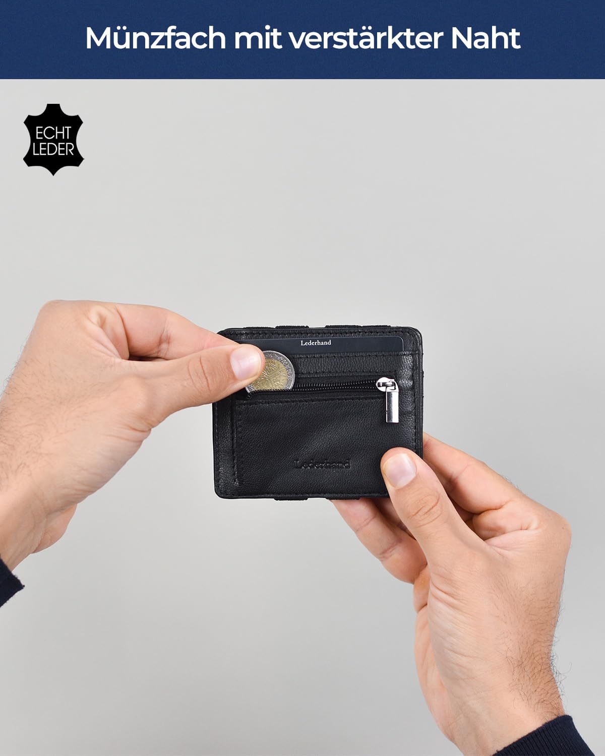 Lederhand® Magic Wallet – Echt Nappaleder Geldbörse handgemacht für Herren und Damen flaches Portemonnaie mit Münzfach und Platz für 8 Karten | Farbe Schwarz