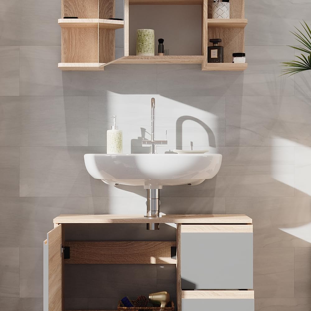 Vicco Set mobili bagno J-Shape, Sonoma, 80 cm, composto da specchio da bagno e mobile sottolavabo