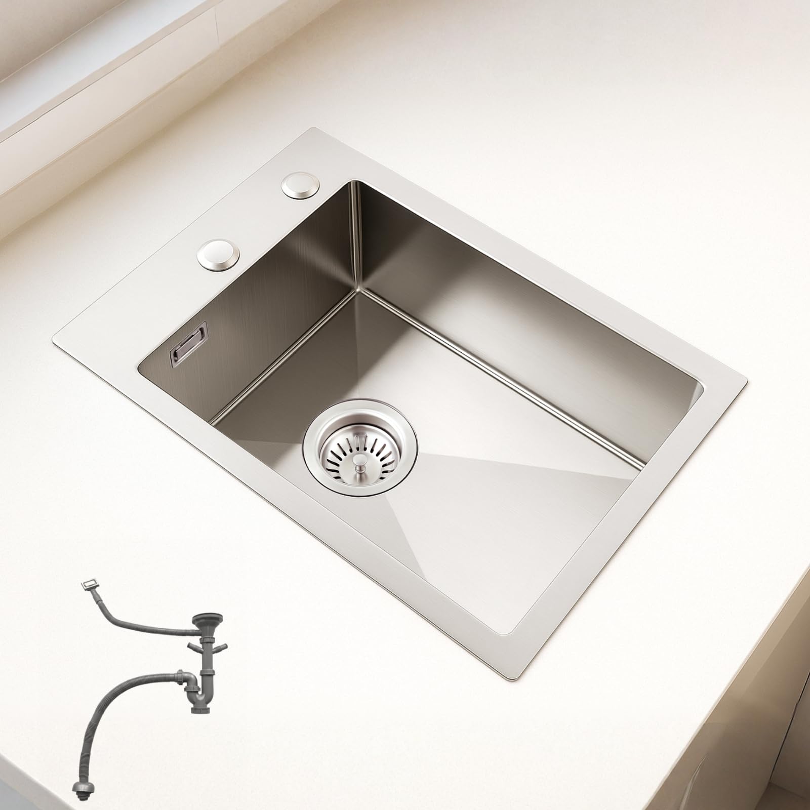 OUGOO Handmade 304 Stainless Steel Kitchen Sink, 35x50cm (Inner 30x40cm) Small Single Bowl Sink with Complete Drain Waste Kit (Trap Included), Top/Flush-Mount, 2 Tap Holes, Brushed — image 1