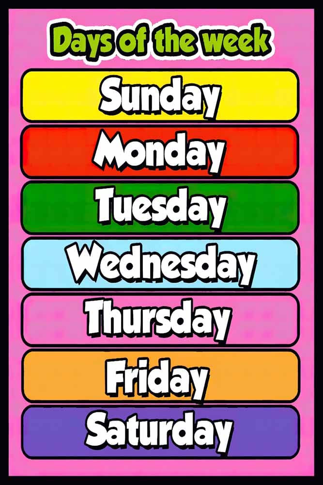 Days of The Week Chart Religious Poster Waterproof Vinyl Sticker for Kids Room Home Decor || can1537-3