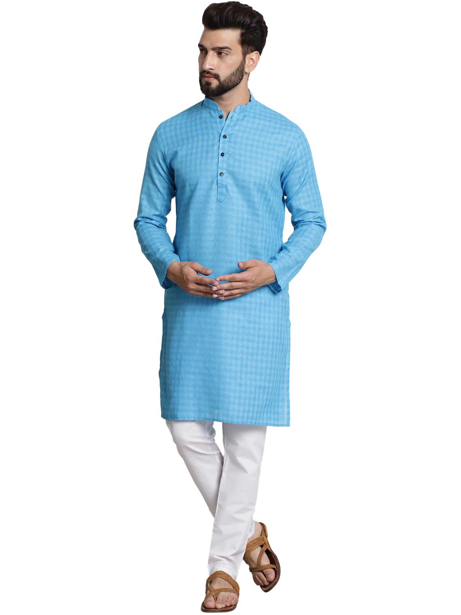 Sojanya (Since 1958 Men's Cotton Blend Peacock Blue Checked Kurta And White Churidar Pyjama Set
