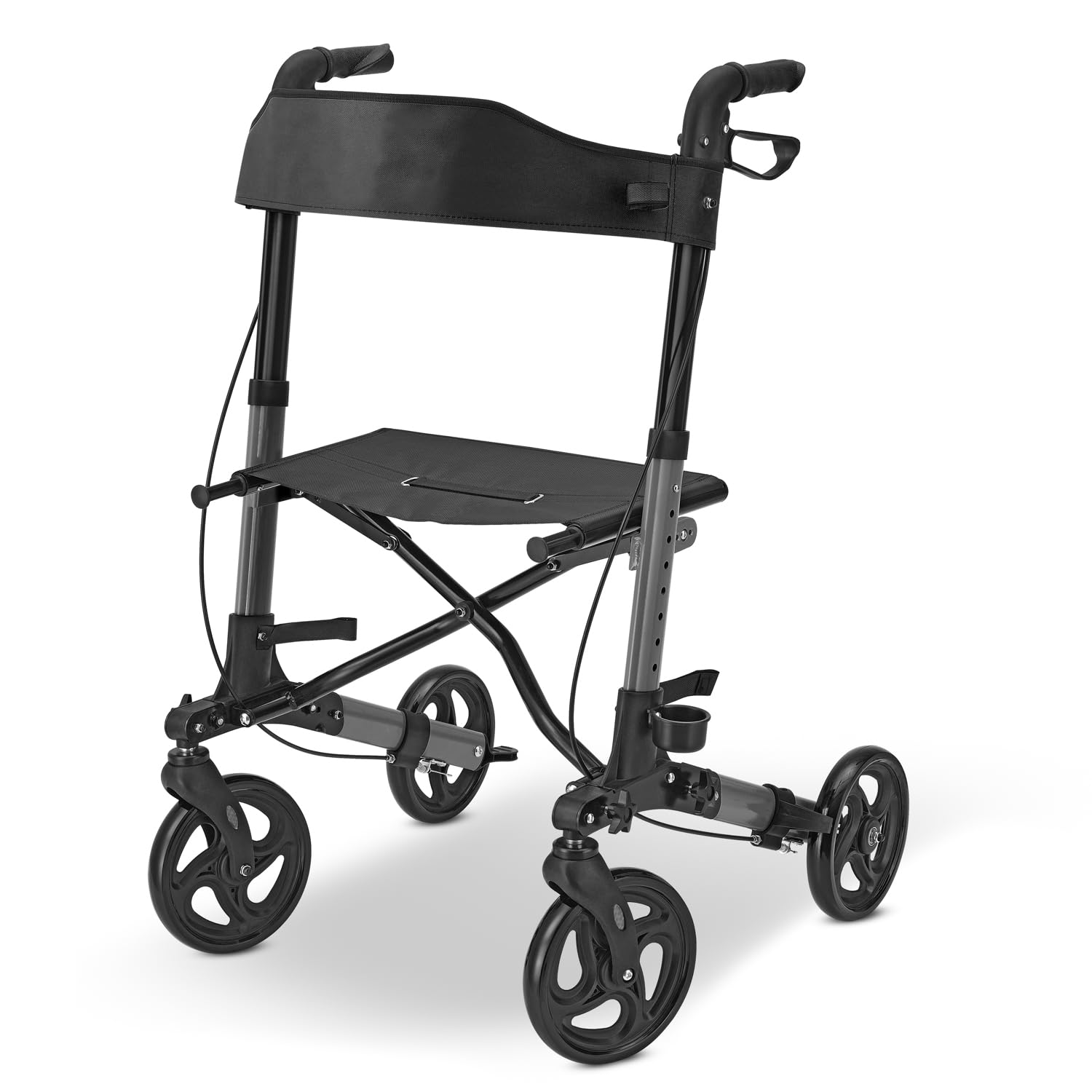Juskys Rollator Vital nero – Aiuto per la deambulazione pieghevole e leggero in alluminio fino a 130 kg – Supporto per la deambulazione regolabile in altezza con sedile, borsa e supporto per ombrello