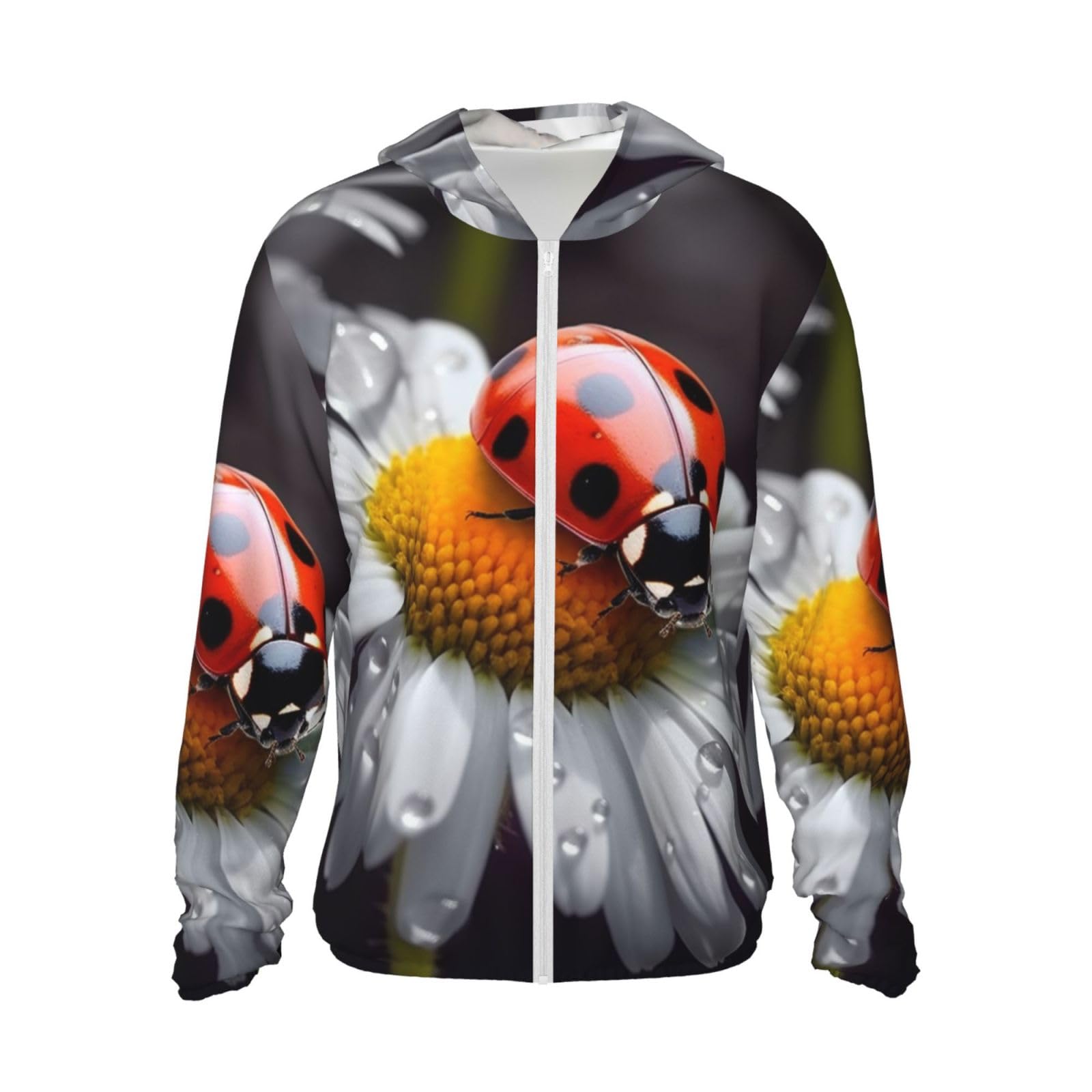 UPF 50+ Light Jacket Full Zip Sun Protection Hoodie for Women Men Long Sleeve Ladybug on Daisy Flower Sun Shirts