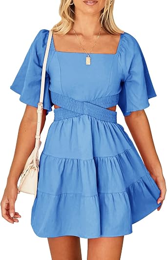 Shy Velvet Womens Summer Dress Square Neck Short Sleeves Crossover Waist Casual Party Mini Dress