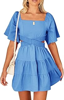 Women's Summer Dress Square Neck Short Sleeves Crossover Waist Casual Party Mini Dress - Buy now