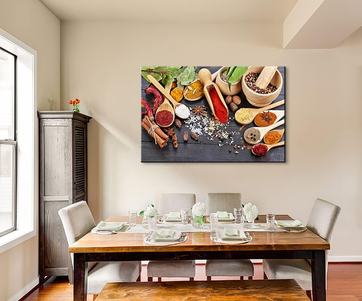 Kitchen Wall Decor Colorful Spices and Spoons Kitchen Decorations Wall Dining Room Wall Decor Kitchen Art Wall Decor Food Art Dining Room Canvas Wall Art for Kitchen Dining Room Decor (28''Hx40''W)
