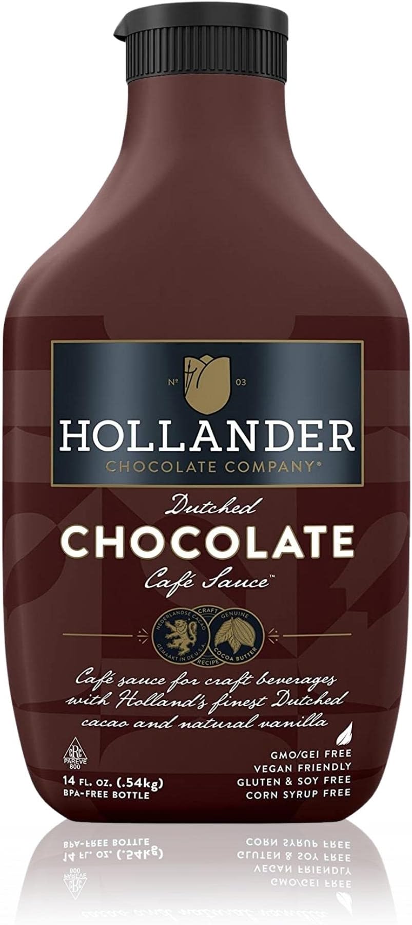 Hollander Dutched Chocolate Cafe Sauce | Vegan Friendly, GMO-Free, Gluten/Soy Free, Corn Syrup Free | 15 fl. oz. Squeeze Bottle
