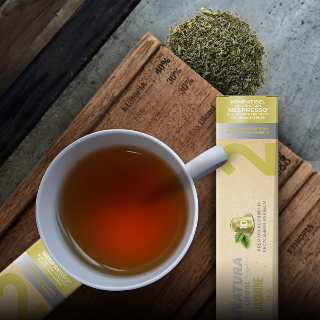La Natura Lifestyle 120 x zielona herbata jaśminowa w kapsułkach aluminiowych, kompatybilne z ekspresami na kapsułki Nespresso®³, w 100% nadaje się do recyklingu, naturalny zielony jaśmin herbata z