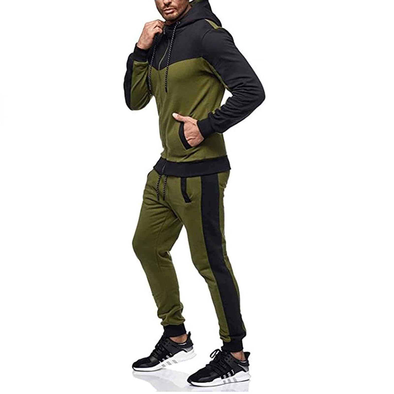 Męski dres treningowy, 2-częściowy, zapinana na zamek bluza z kapturem i joggery, zielono-czarna odzież sportowa dla mężczyzn, miękka bawełniana dres treningowy z kieszeniami, lekki, wygodny strój na