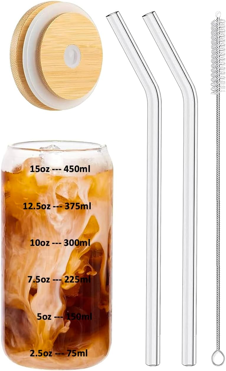 Artcome 12er Set Bambus Deckel Trinkgläser 16oz - Dosenförmige Gläser Mit Glasstrohhalm