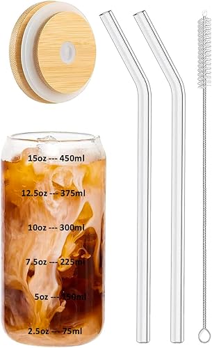 Vaso para beber con tapa de bambú y pajitas de vidrio, vasos de vidrio en forma de lata de 16 onzas, vasos de cerveza, vasos de café helado, ideal