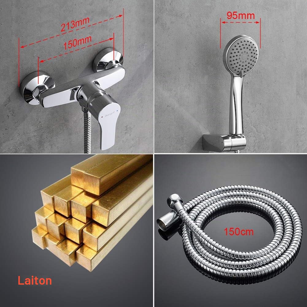 Ibergrif M12057, Mitigeur Douche avec Douchette et Flexible de Douche et Support - Robinet Douche Universel Filetage G1/2, Mitigeur Douche Mural, Flexible, Laiton, Chromé