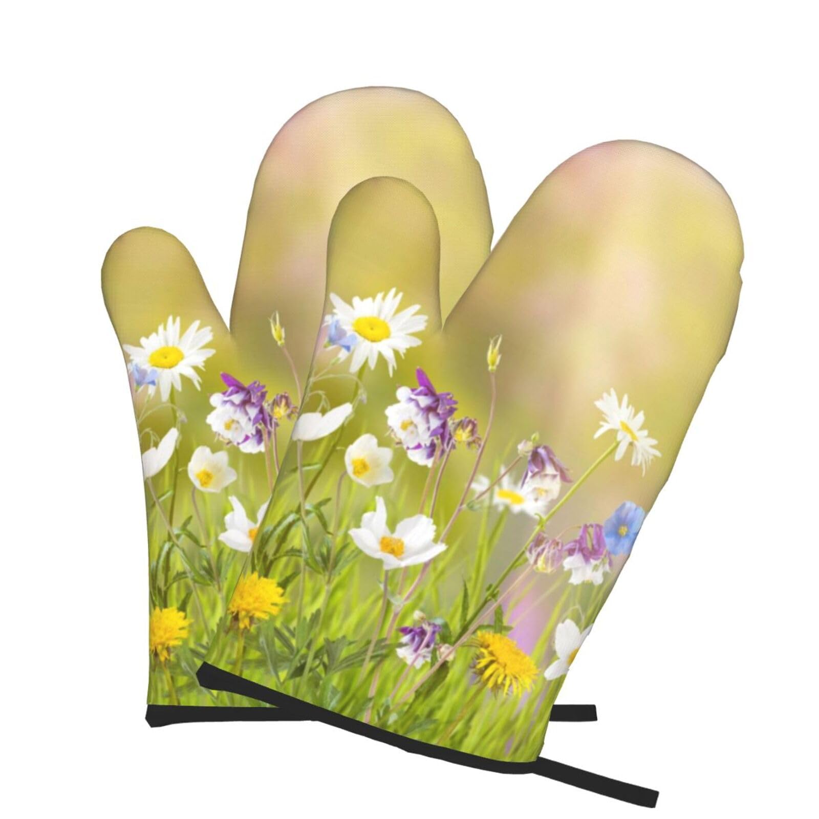 Oven Mitts Set of 2 Pcs, Wild Flower Prints Heat Resistant Kitchen Gloves for Cooking Baking Grilling
