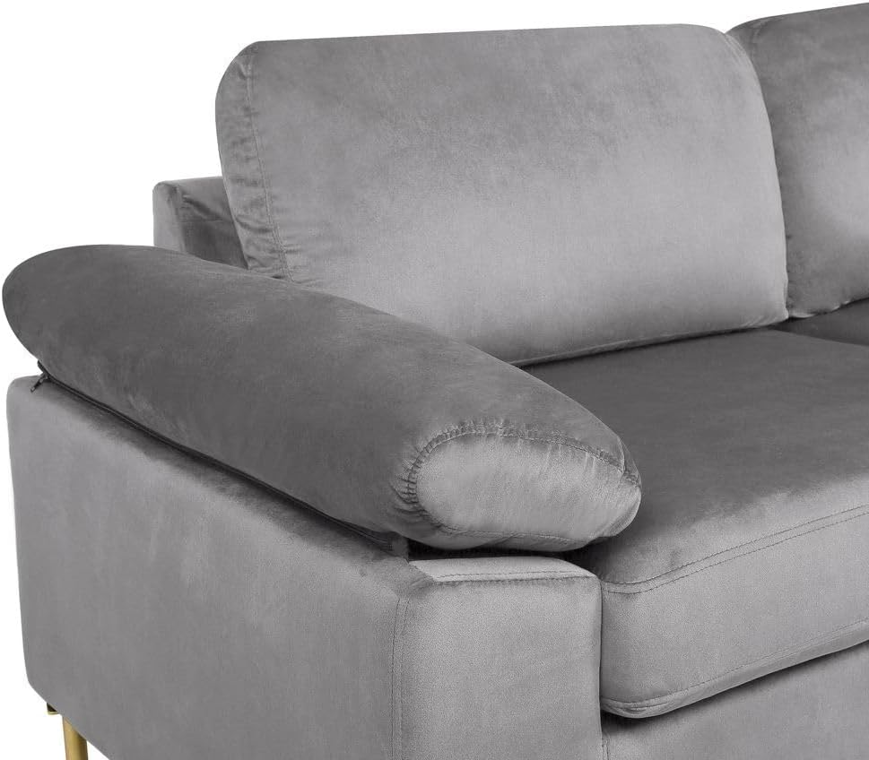 52" Sofa, Sectional Couch, L-Shaped Sofa with Mid-Century Glam Design, Velvet Upholstery, Removable Cushions & Eight-Way Hand-Tied Support for Living Room, Gray