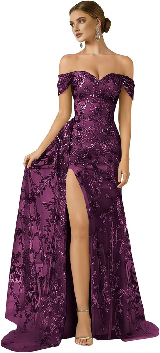 Off the Shoulder Prom Dresses Mermaid Lace Applique Long Formal Evening Dresses with Slit