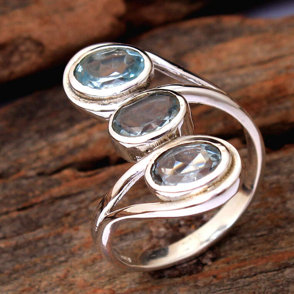 Blau-Topas 925 Sterling Silber Ringe für Damen, Blaue Brautjungfernringe, Ovale Edelsteinringe, 3-Steine Designer Ringe, Lünette Set Handgefertigte Ringe Muttertagsgeschenk