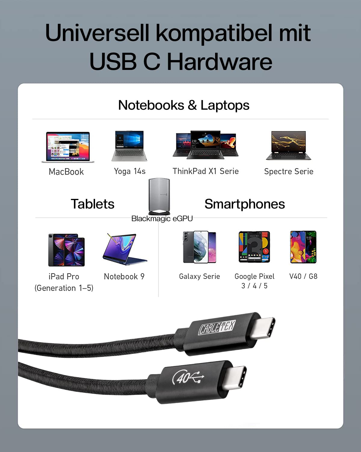 CABLETEX 2m USB 4 Gen3x2 Monitorkabel für Thunderbolt 3 | 40GBit/s | 8K Video | 100W | 5A | 20V | Für MacBook Pro M1 & M2, USB-C Bildschirm, Docking Stations, SSD, eGPU