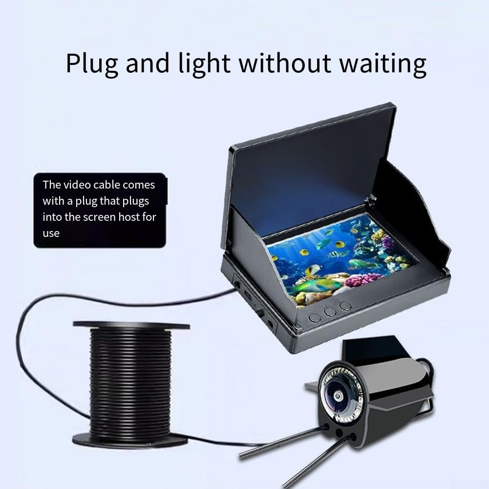 Fishfinder - Telecamera subacquea da pesca, grandangolare a 220°, visione notturna a infrarossi, impermeabile, con display da 4,3", per pesca su ghiaccio/lago/barca (50 m)