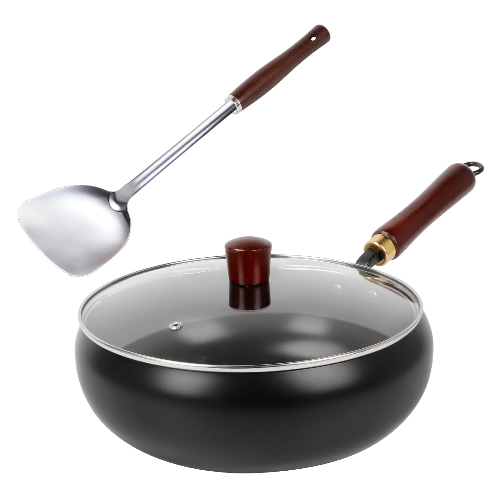 Ruaizel Hand-Forged Cast Iron Wok with Glass Lid, 28cm Non Stick Induction Wok Pan, Flat Bottom Deep Stir Fry Pan for Electric & Gas Stoves(with Spatula)