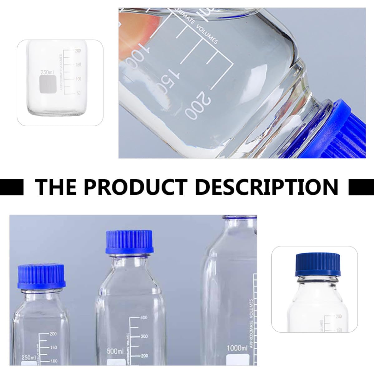 4 Piezas Botellas de Laboratorio de Vidrio Transparente de 250ml con Tapa de Rosca, Frascos de Reactivo con Buen Sellado y Vidrio Grueso para Experimentos Varios estilos