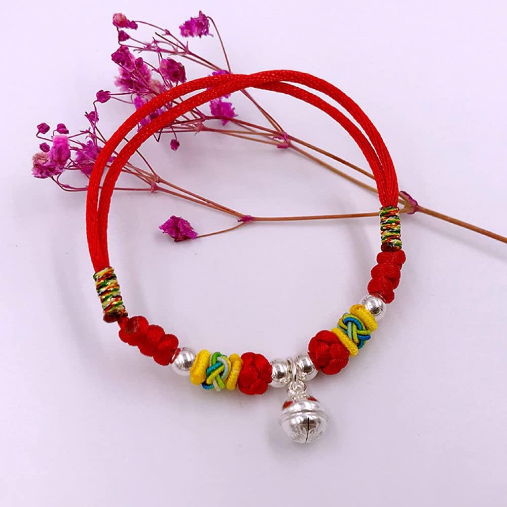 Bracciale Rigido in Argento for Donna, Bracciale Intrecciato in Corda Rossa con Ciondolo Campana in Argento S925 Braccialetti dell'amicizia Regolabili Gioielli Etnici tibetani fortunati
