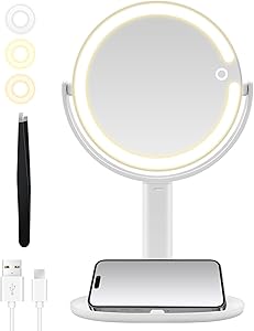 Makeup Mirror with Lights, Double Sided 1x/20x Magnifying Mirror with Light, Rechargeable 3 Color Lights and Adjustable Brightness, 360° Rotation Detachable Comes with Tweezer(White)
