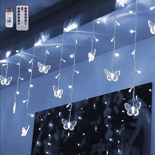 Luces de cortina de mariposa de 120 luces LED de 19.7 pies alimentadas por USB, 8 modos de iluminación remota para ventana con 24 mariposas,