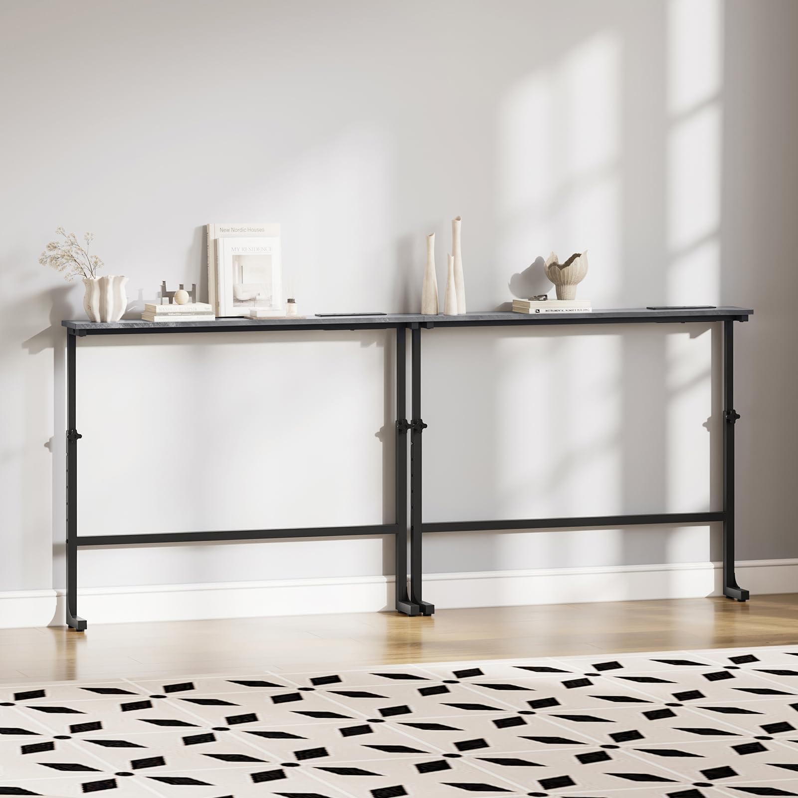 Jooli H 200cm Slim Console Table, Height Adjustable Behind Sofa Table with Charging Station, 2 Pack Narrow Console Table with Power Outlet for Hallway, Living Room, Small Spaces, Grey