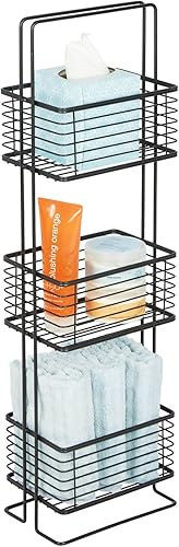 mDesign Estantería de baño de 3 niveles de alambre de metal delgado, estante pequeño y estrecho de torre organizador de almacenamiento con 3 cestas