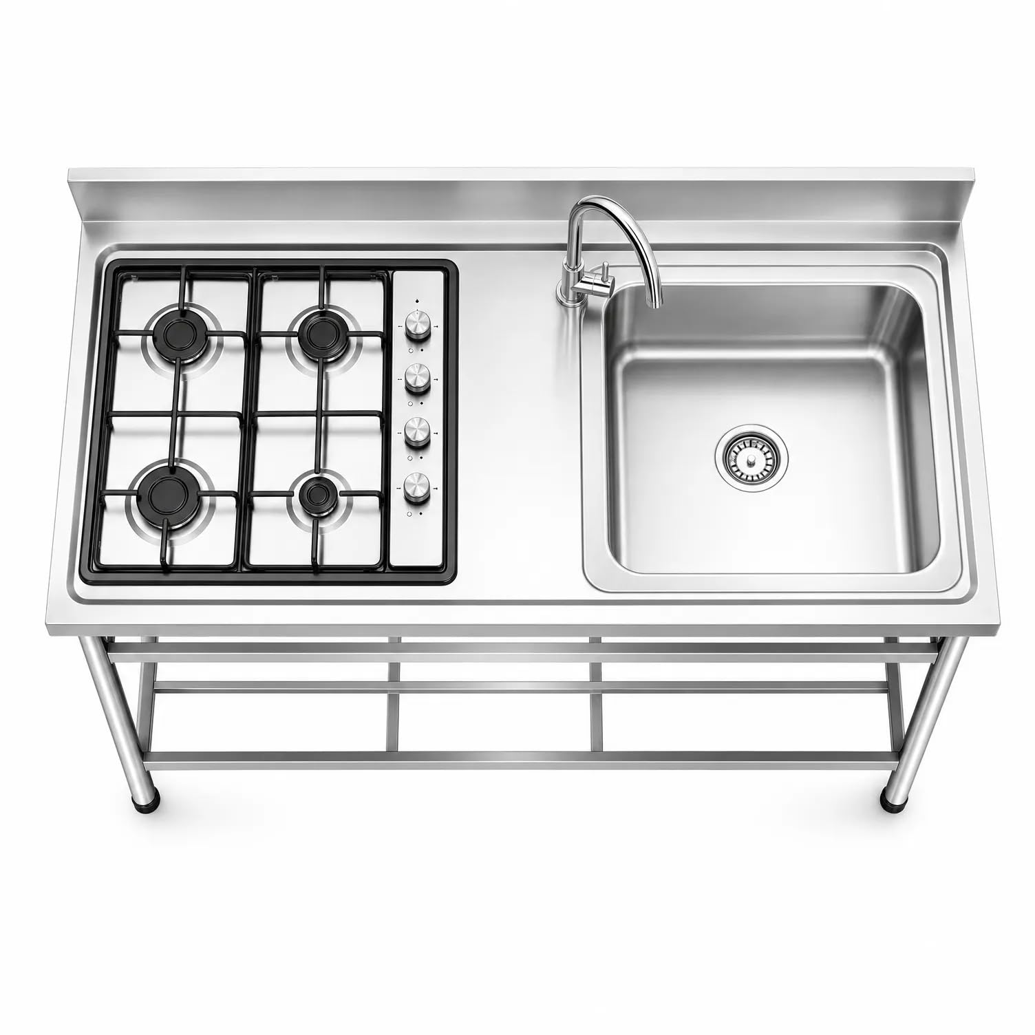 GrecoShop Lavello Cucina da Esterno in Acciaio Inox con Piano Cottura 4 Fuochi, Vasca con Gocciolatoio Reversibile, Fontana Inclusa, Mensola Inferiore e Tubo di Scarico, Cucina Outdoor 150 cm