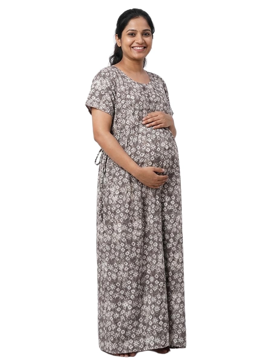 XL Size Maternity Maxi Dress, Grey Floral Print, Short Sleeve, Button Front, Drawstring Waist-picture-41