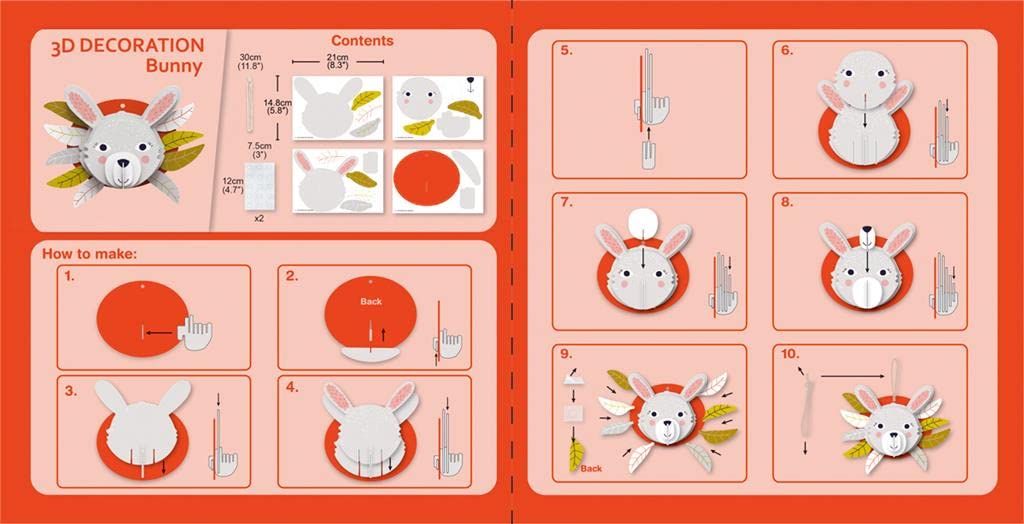 Avenir 3D Decoration - Bunny Kit | Turn Your Wall into a Zoo! Create 3D Decorations with Pre-Cut Cardboard Puzzle Pieces | Thoughtful and Creative Gift Option for Kids 3+