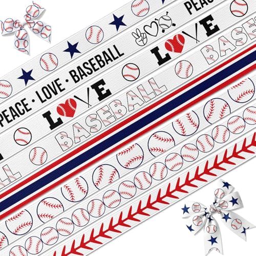 Kutyndrix 8 Rolls Baseball Ribbons for Crafts 3/8 Grosgrain Ribbons Blue Red Stripe for Gift Wrapping Party Decor Hair Bows