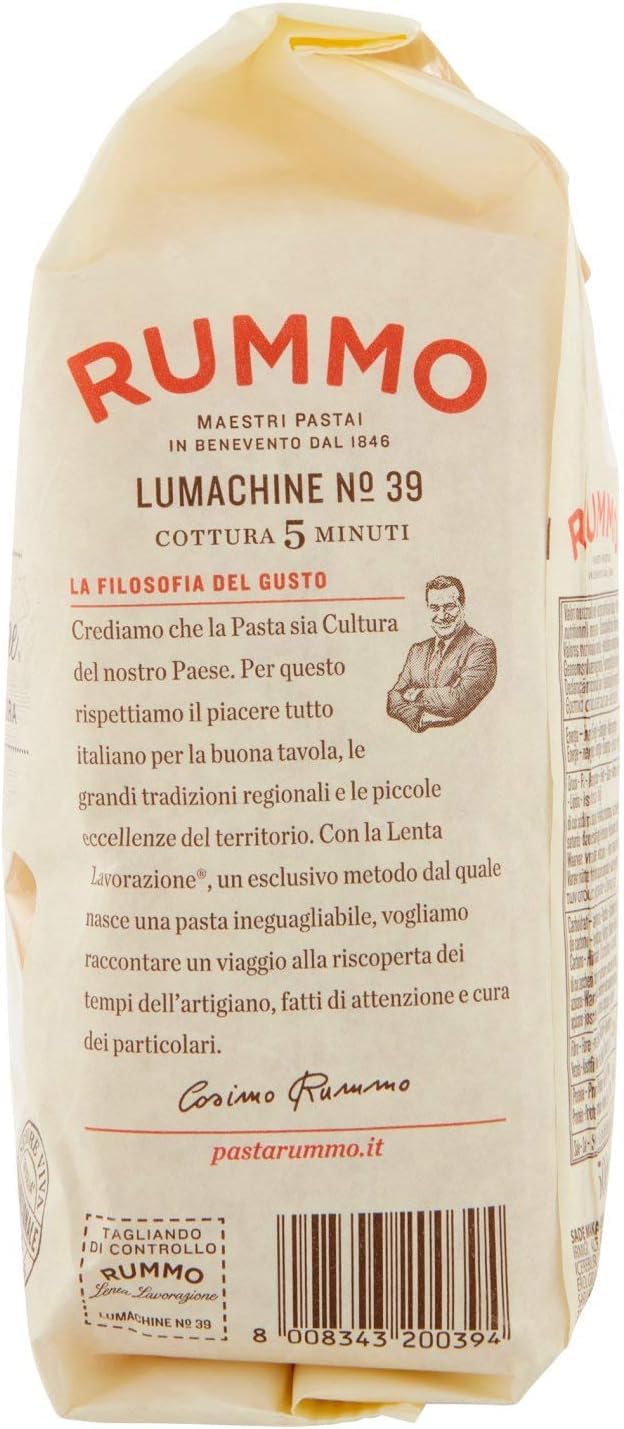 Rummo Pasta Lumachine N°39 - Lote de 16 fideos italianos de sémola de trigo duro, pasta italiana, 500 g