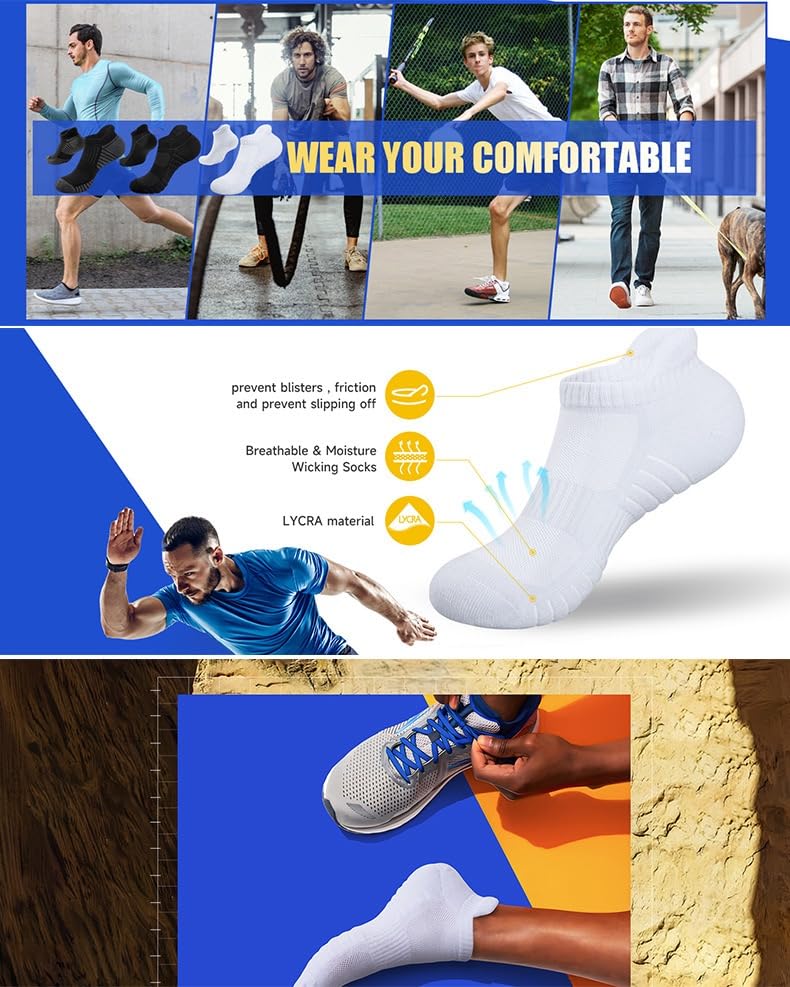 Athletic Ankle Socks for Men & Women, Low Cut Cushioned Running Tab, Breathable Anti-Blister Moisture-Wicking Sports Socks (6 Pairs) Women 6.5–12.5 / Men 5–112