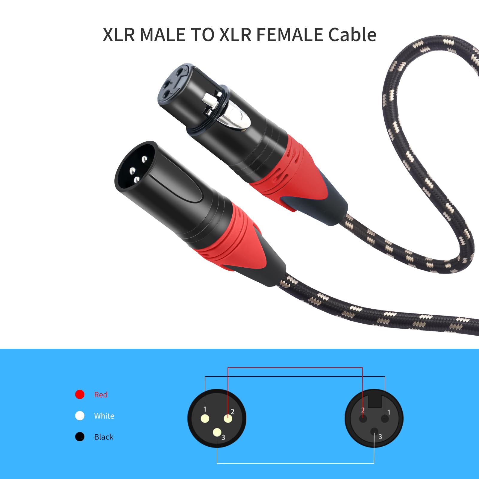 XLR-Kabel, 15,2 m, 2 Packungen – Premium symmetrisches Mikrofonkabel mit 3-poligem XLR-Stecker auf Buchse, Mikrofon-Lautsprecherkabel, schwarz-weiße Gitterschicht, reines Kupfer und