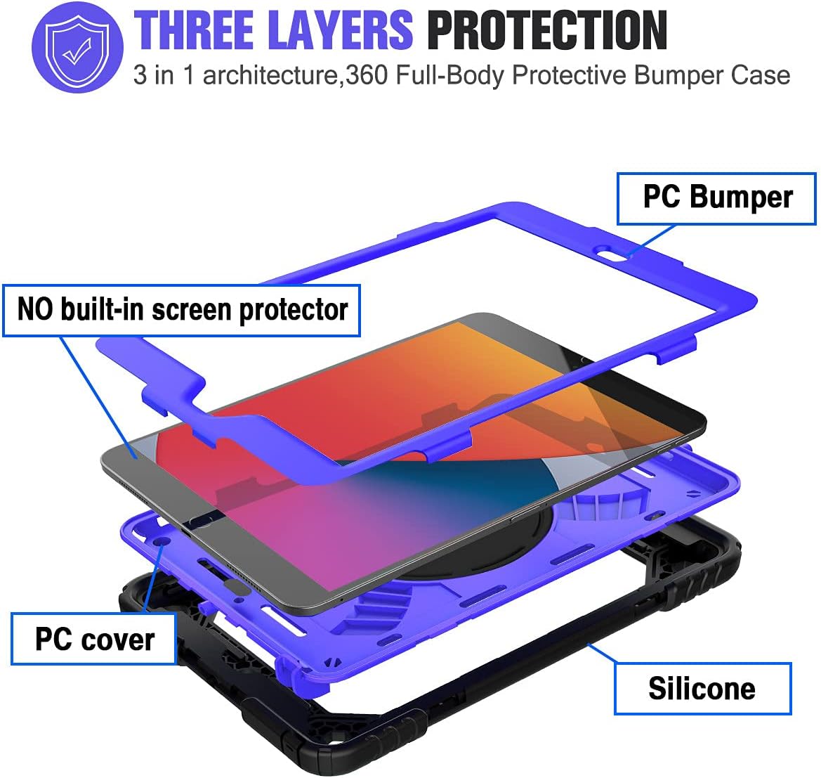LEDNICEKER iPad 9th/8th/7th Generation case, iPad 10.2 case, Three Layer Protective Kids Case with [360 Rotating Stand] [Hand Strap] [Pencil Holder] for iPad 10.2 9th Gen 2021/2020/2019- (Blue+Black)