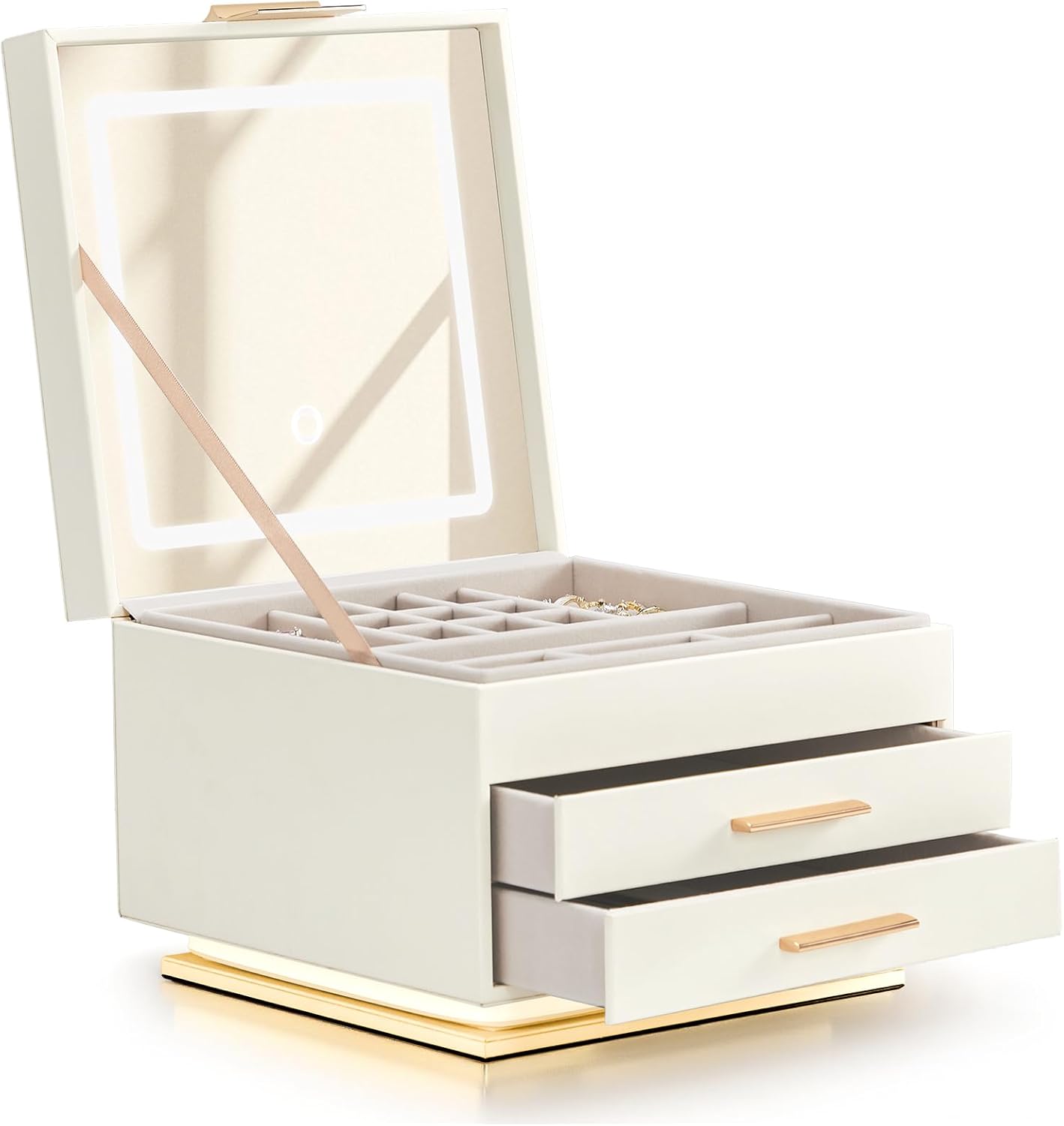 White Jewelry Box with 3-Color Mirror Light & Ambient Glow, Jewelry Organizer with Drawers, Jewelry Storage, Jewelry Holder for Earrings Necklace,Jewelry Display Case, Rotating Jewelry Storage Box