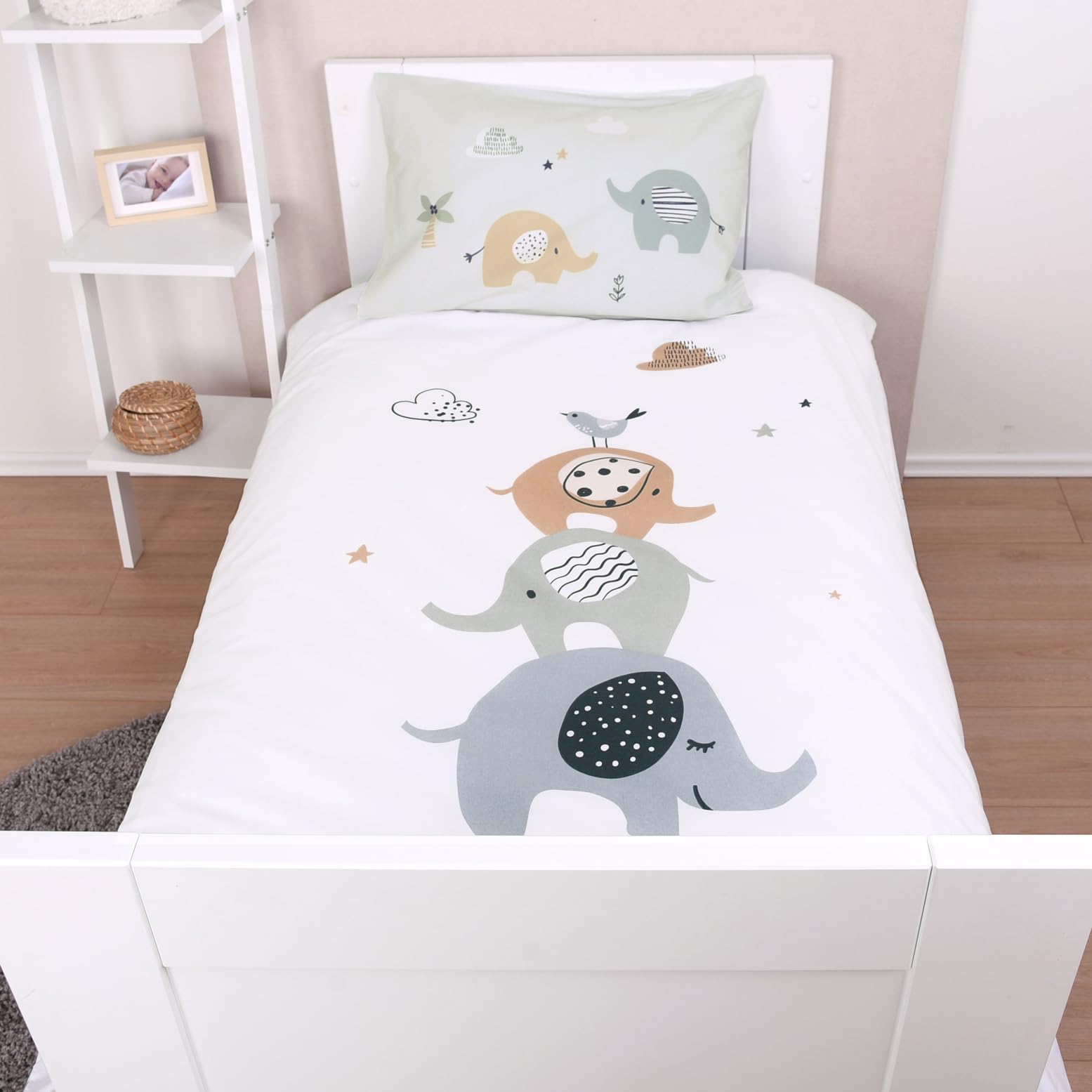 Herding babybest Parure de Lit Éléphants, Taie d'Oreiller 40 x 60 cm avec motif réversible, Housse de Couette 100 x 135 cm, avec Fermeture éclair, 100% Coton/Renforcé