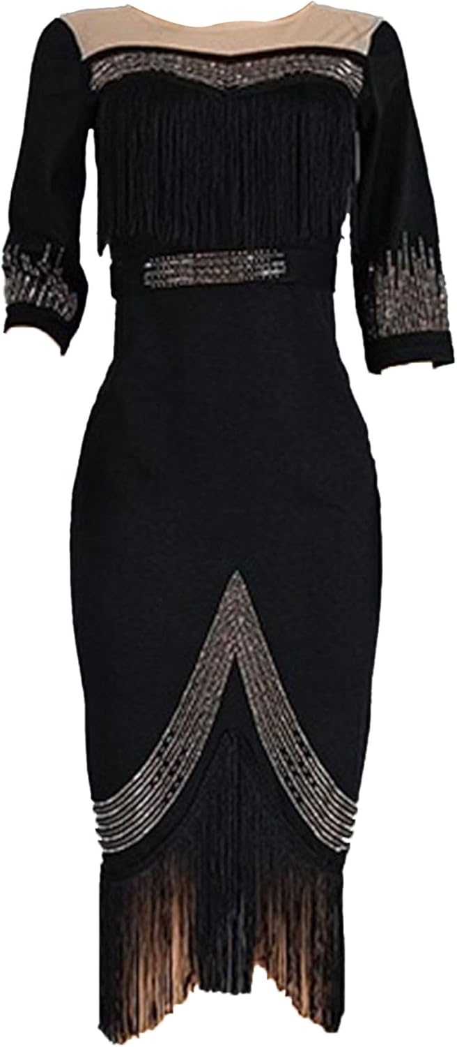 Women Sexy Rhinestone Drilling Long Sleeve Dress Mesh See Through Tassels Bodycon Dress Party Club Night Mini Dress