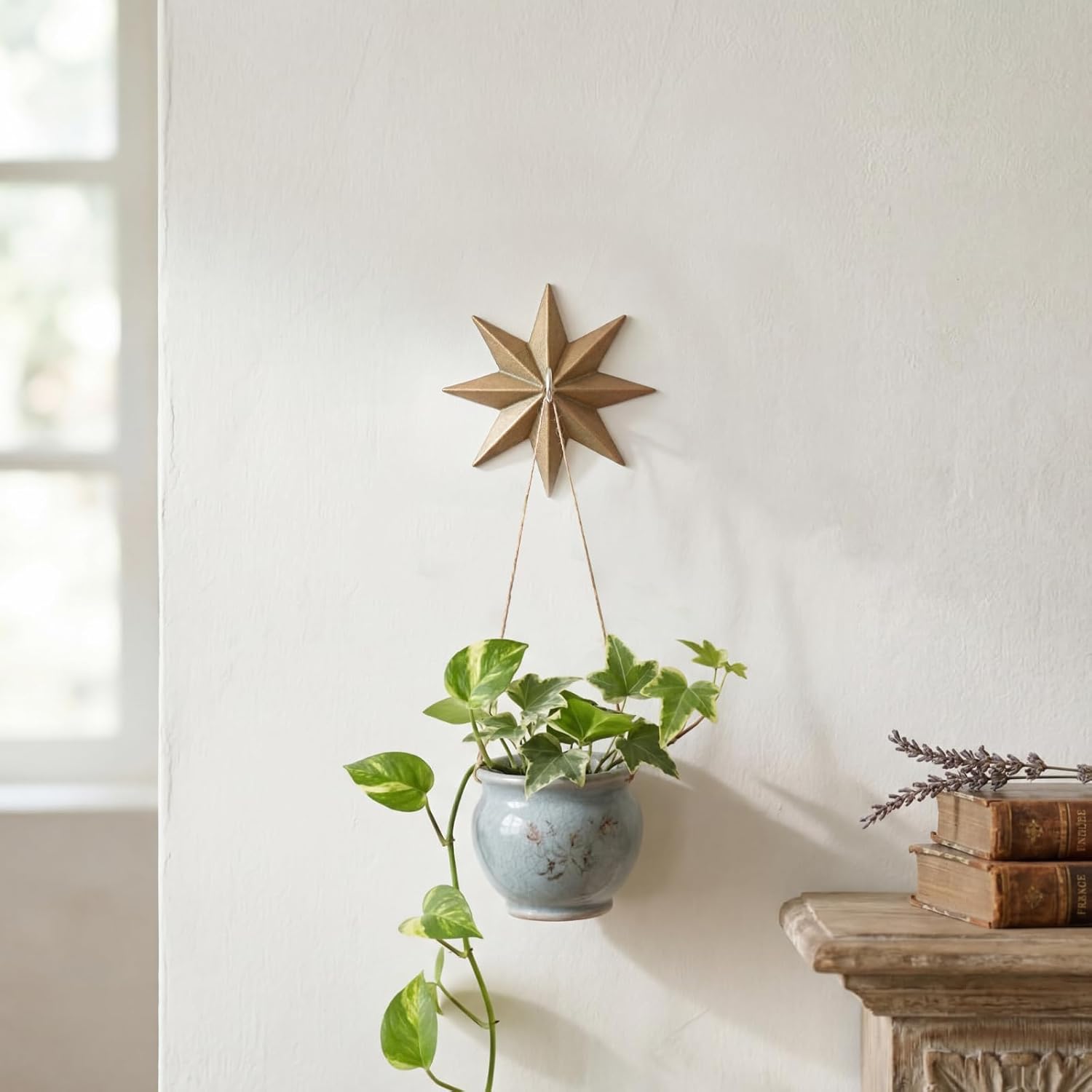 LEIFIDE 2 Pcs 7.7'' Wall Mount Ceiling Hooks Plant Hooks for Ceiling Metal Plant Bracket Iron Wall Hook for Hanging Plants, Lights, Outdoor Wire and Wind Chimes, Bronze (Whimsical Star Style)