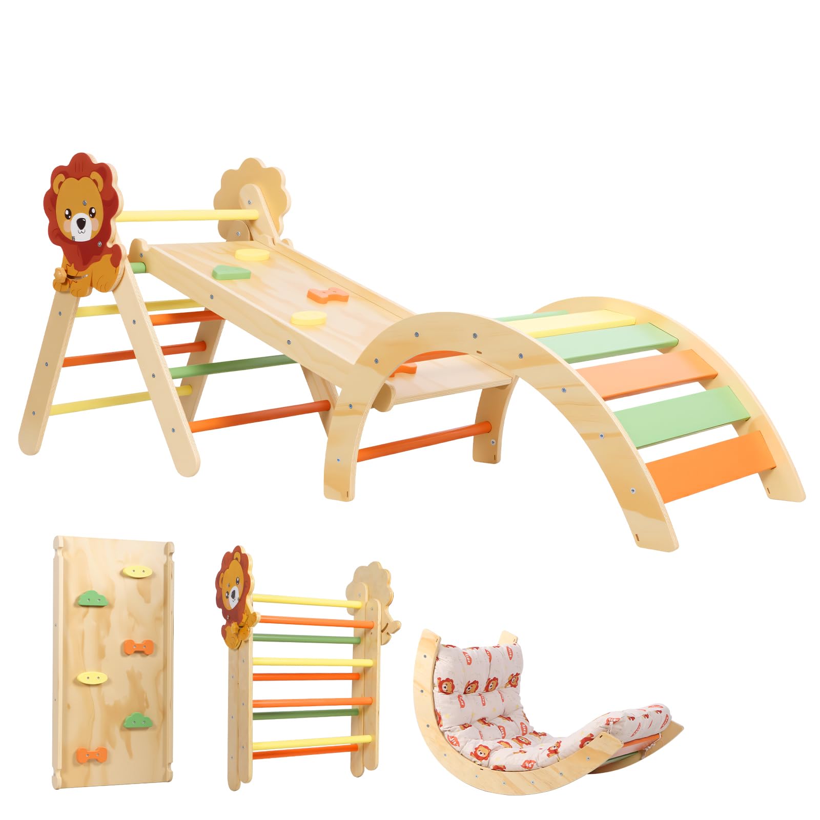 Panana Baby Toddler Climbing Frame, Foldable Wooden Toddler Climbing Indoor,Montessori Climber Indoor Set with Arch, Ramp, Ladder (Lion in 166cm Length, With Cushion)