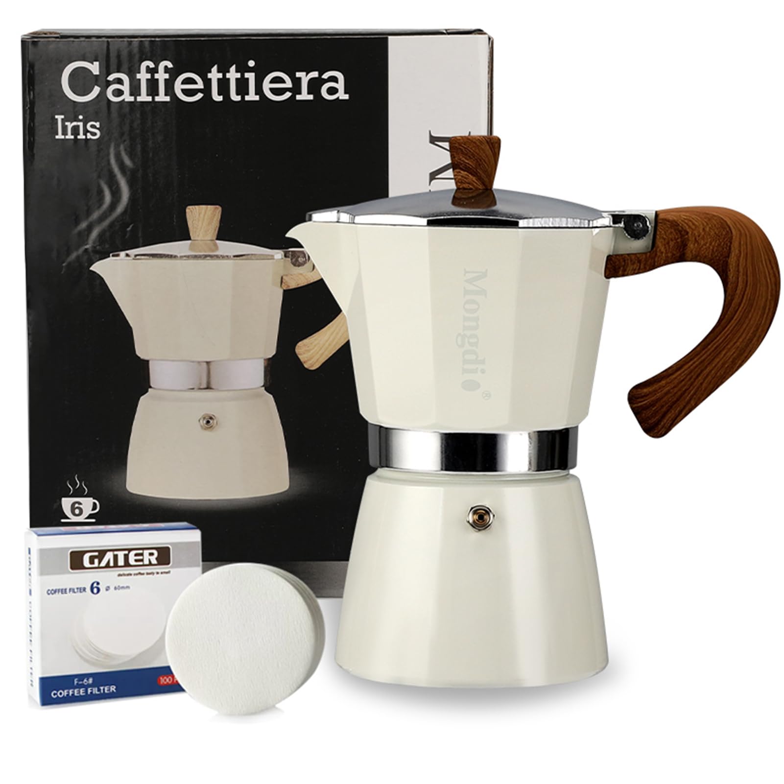 Mongdio Stovetop Espresso Maker Moka Pot, Cuban Coffee Maker Stove top coffee maker Moka Italian Espresso Greca Coffee Maker Brewer Percolator, 6 Espresso Cups, 10 oz - White