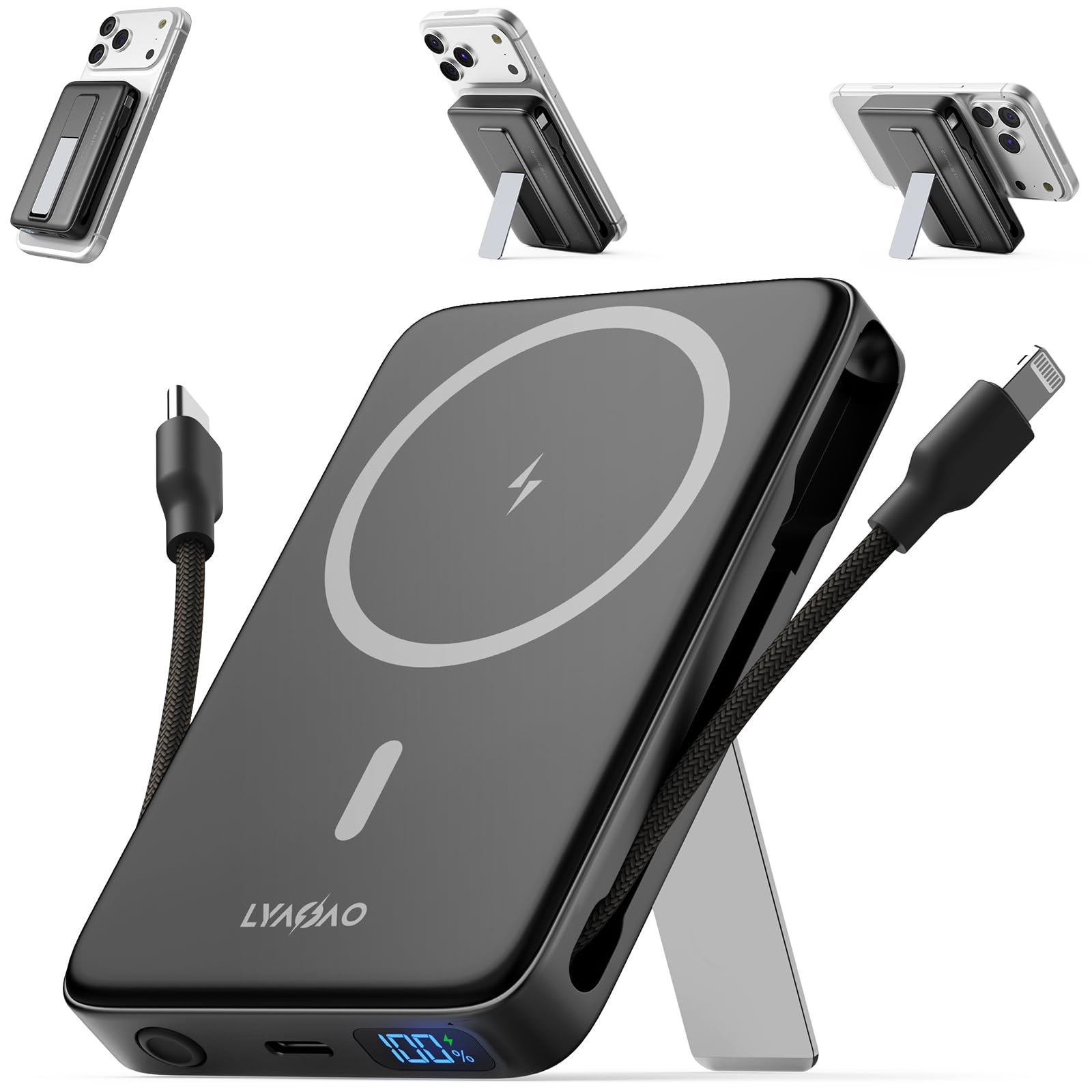 LYAOAO No More Forget Cables! 10000mAh Ultra Slim Magnetic Power Bank, Built-in USB-C & iPhone Cable, 20W Portable Charger with Foldable Stand, for iPhone 17/16/15/14/13/12 Series