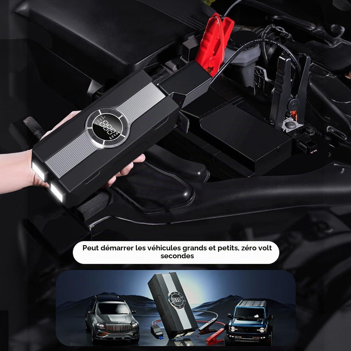 Voiture Jump Starter avec Compresseur D'air 150PSI, Batterie Booster 12V Portable pour Gaz/Diesel, Power Bank LCD, Lampe de Poche