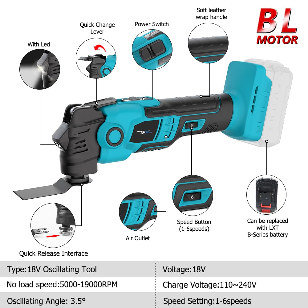 Herramienta oscilante sin escobillas de iones de litio de 18 V, con amortiguador de vibraciones, herramienta multifunción para cortar, lijar, raspar y limar