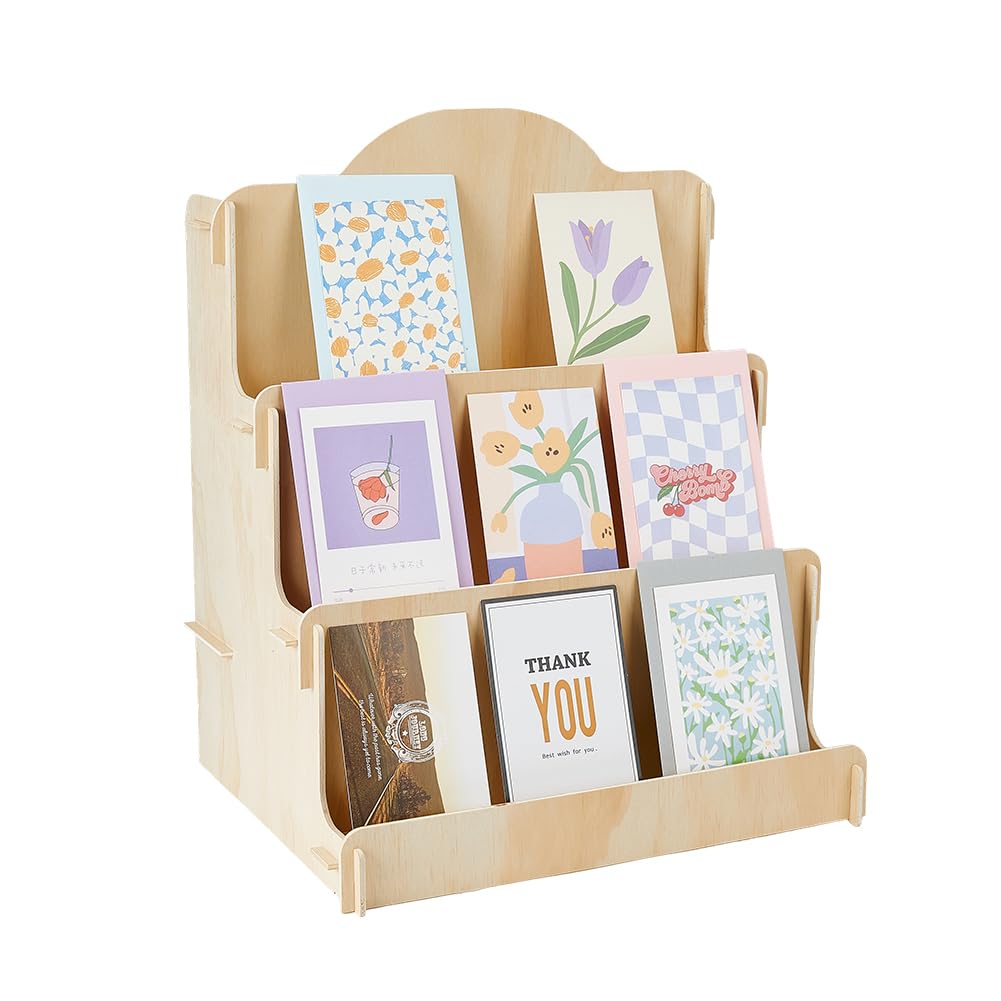 SUPERFINDINGS3 Tiered Wooden Greeting Card Display Stand Sticker Display Stand Magazines Organizer Art Prints Display Holder Vendors Postcard Organizer Multipurpose Brochure Holder, 37.2cm