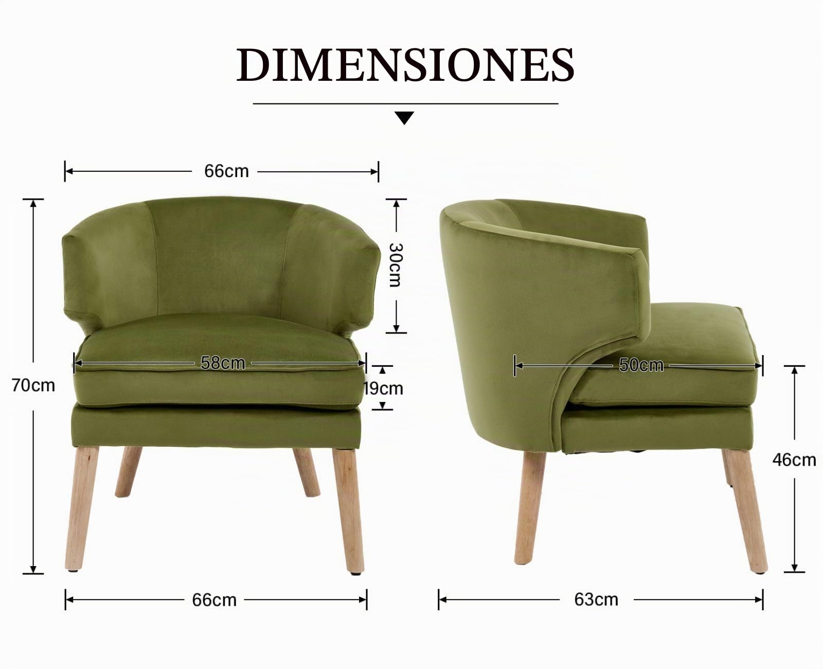 chairus Sillón de Lectura con Patas de Madera Butaca de Estilo Nórdic, Sillón de Terciopelo con Respaldo y Brazos de Forma Redondeada para Salón/Dormitorio,Verde