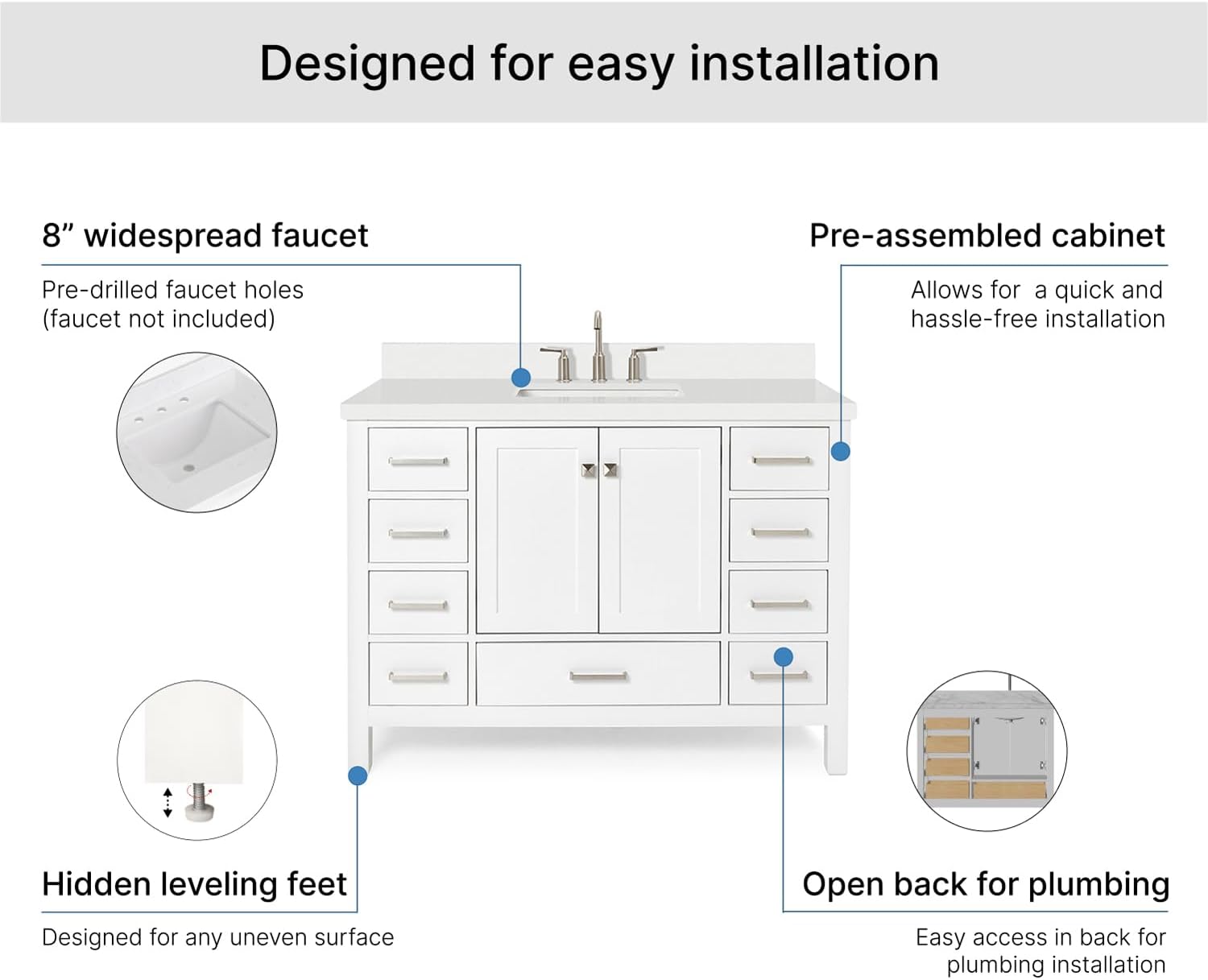 ARIEL Cambridge 48-inch Bathroom Vanity with Sink,Solid Wood, 1.5-inch Pure White Quartz Countertop & Backsplash, Single Rectangular Porcelain Sink, 2 Soft Closing Doors, 9 Dovetail Drawers, White